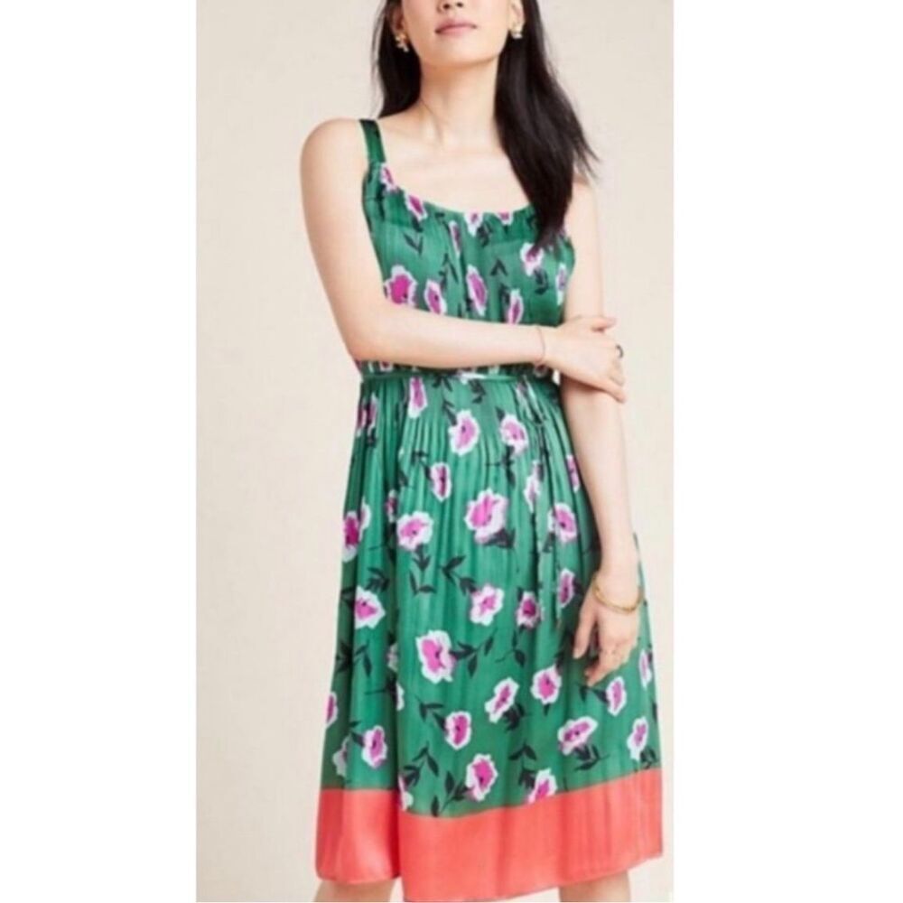 Anthropologie Mireille Green Floral Pleated Dress Women’s XS